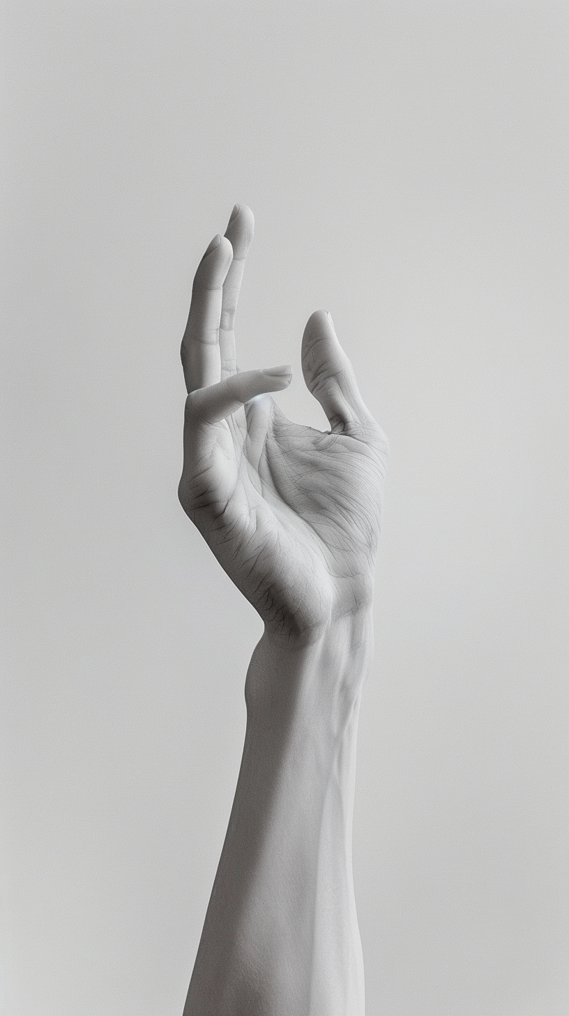 Hand with two fingers raised against white background, detailed.