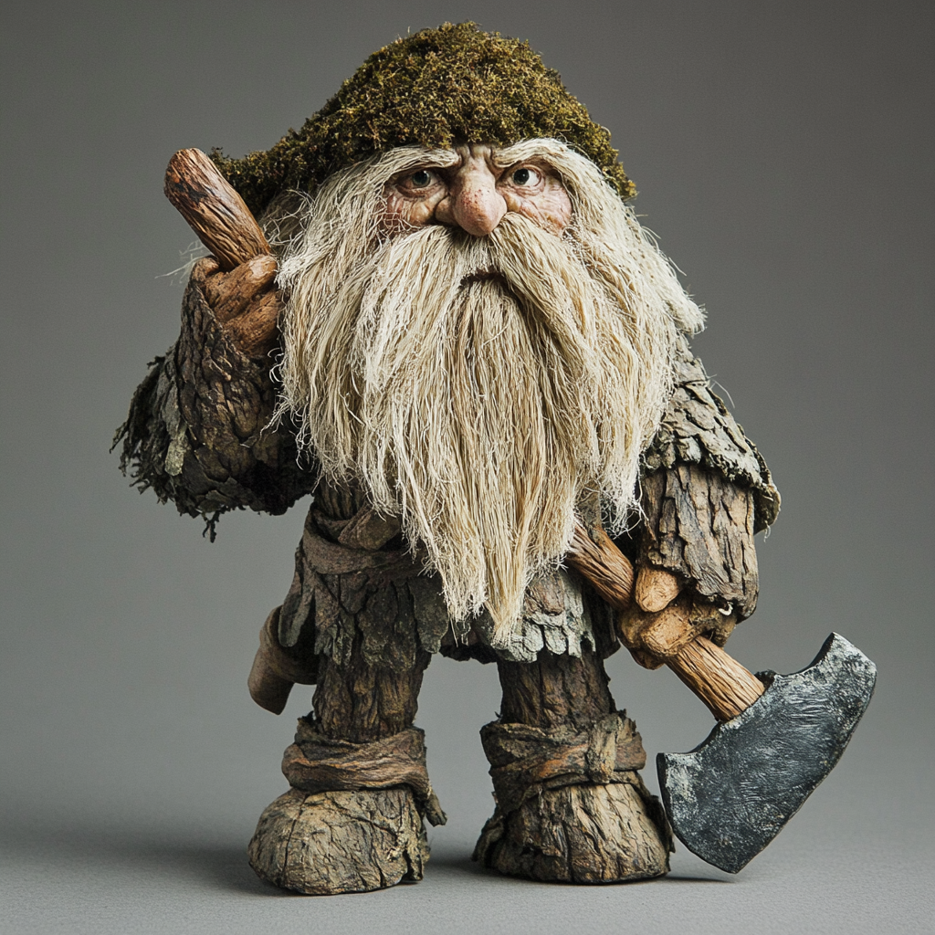 Handcrafted dwarf puppet with moss beard wields tiny axe.