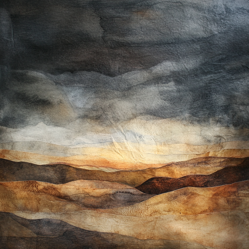 Handcrafted puppet and storm landscape with watercolor layers