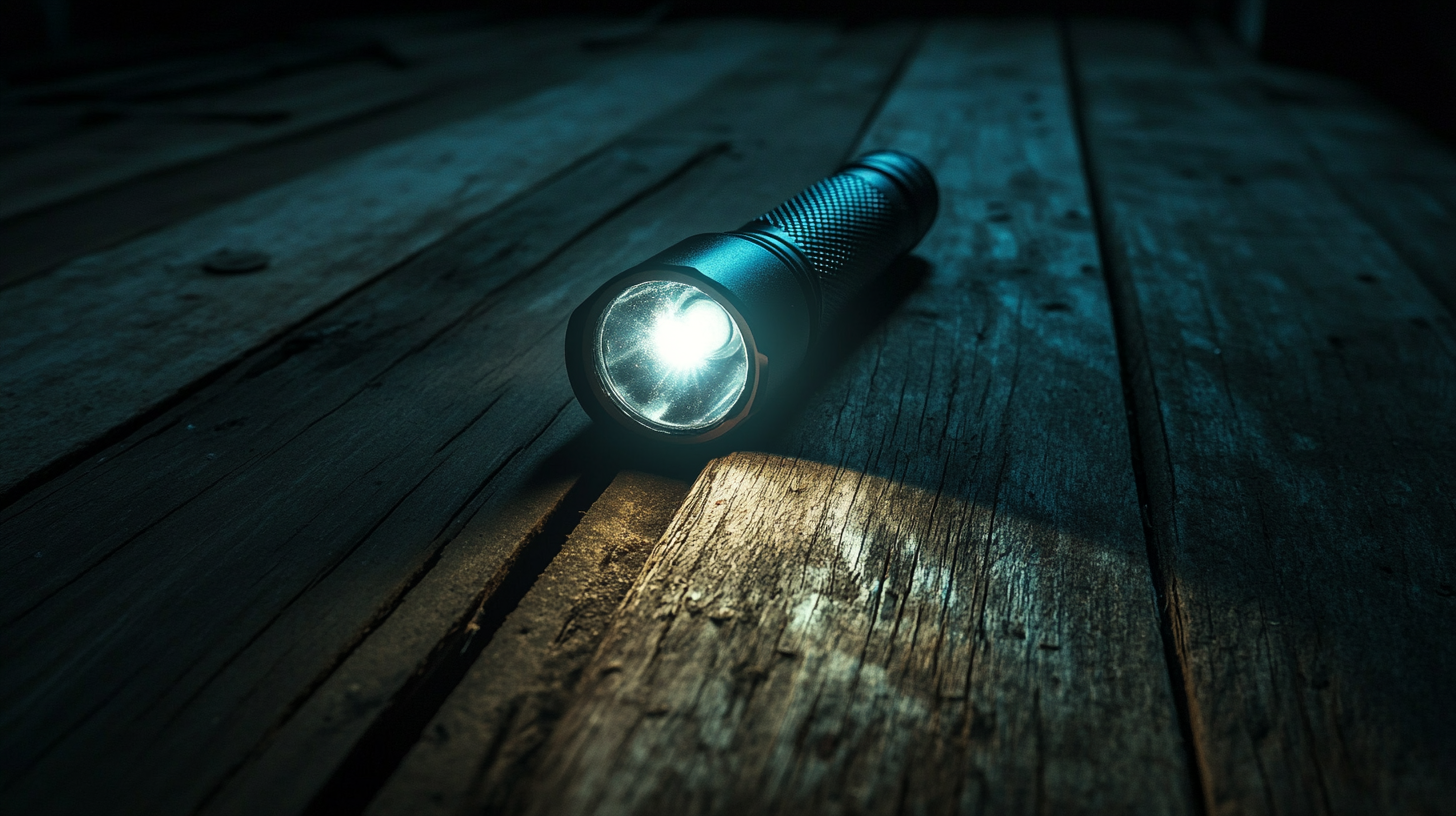 Handheld flashlight on wooden floor, illuminating dark passage.