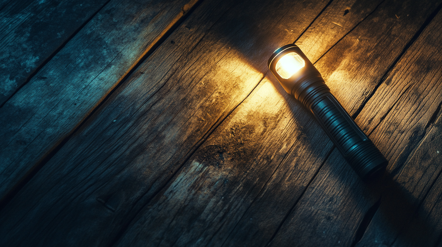 Handheld flashlight on wooden floor illuminating dark room.