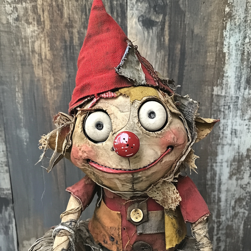 Handmade gnome puppet with red hat, squeaky joints.