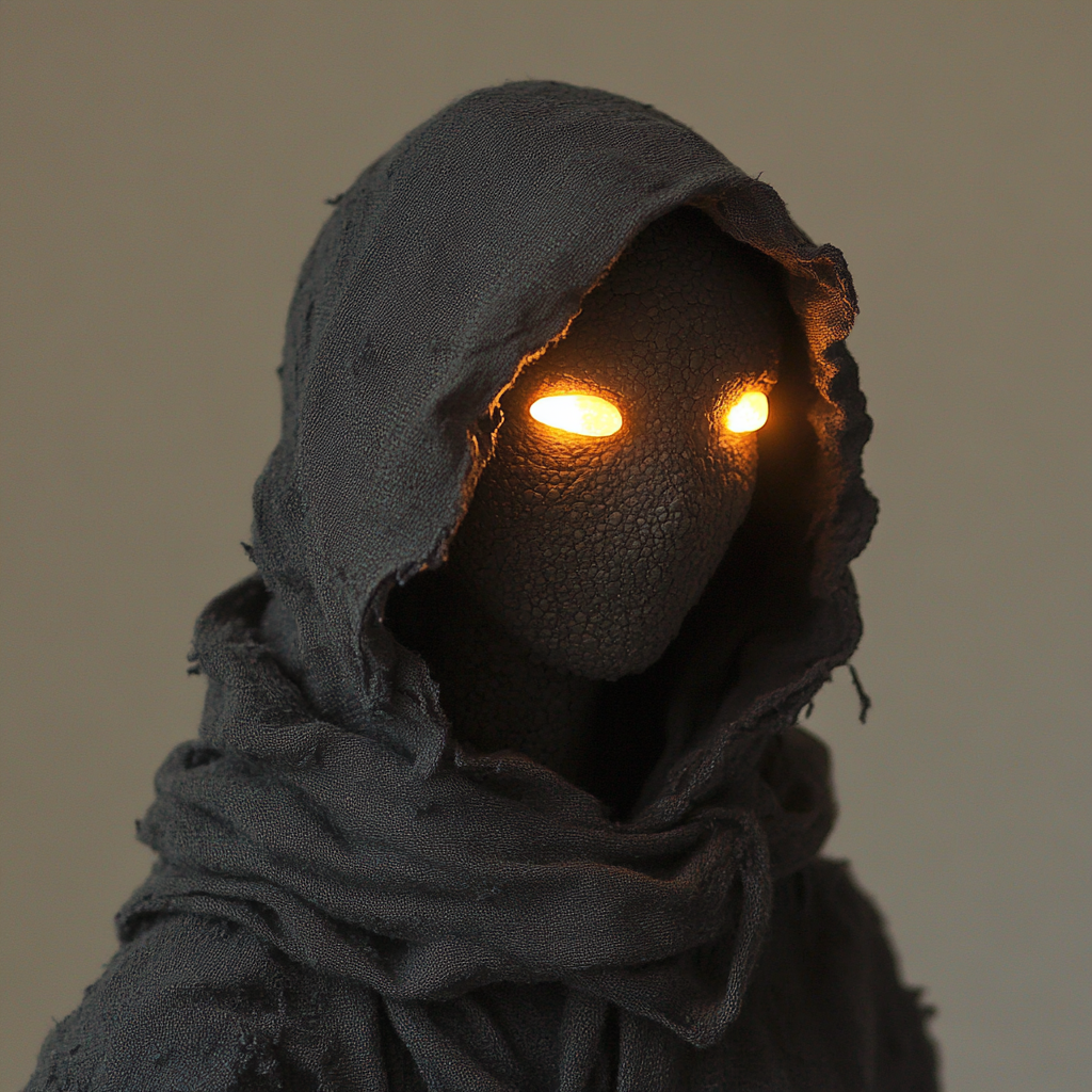 Handmade puppet figure with glowing pebble eyes in hood.