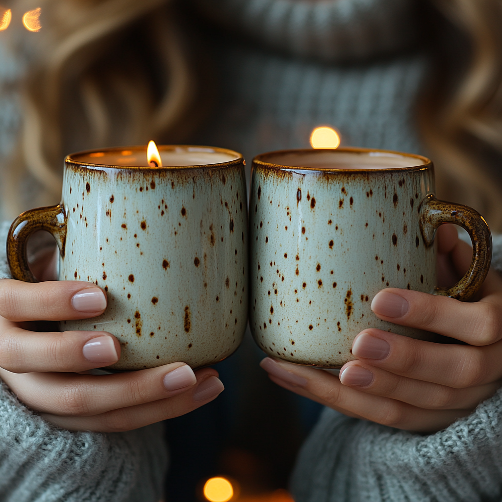 Hands Holding Mugs by Fireplace: Cozy Winter Scene