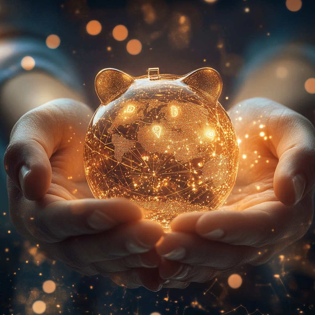 Hands hold glowing piggy bank, financial symbols background