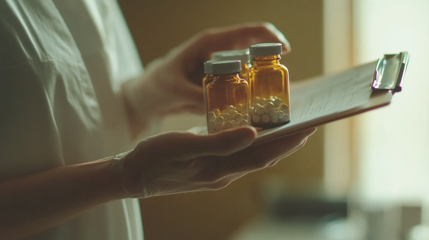 Hands holding pills and clipboard for medical care