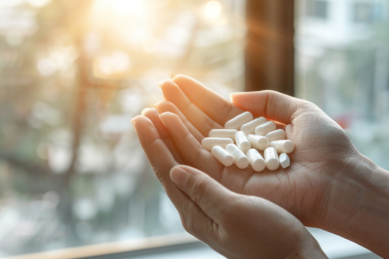 Hands holding pills symbolize chondrocalcinosis treatment, clean background.