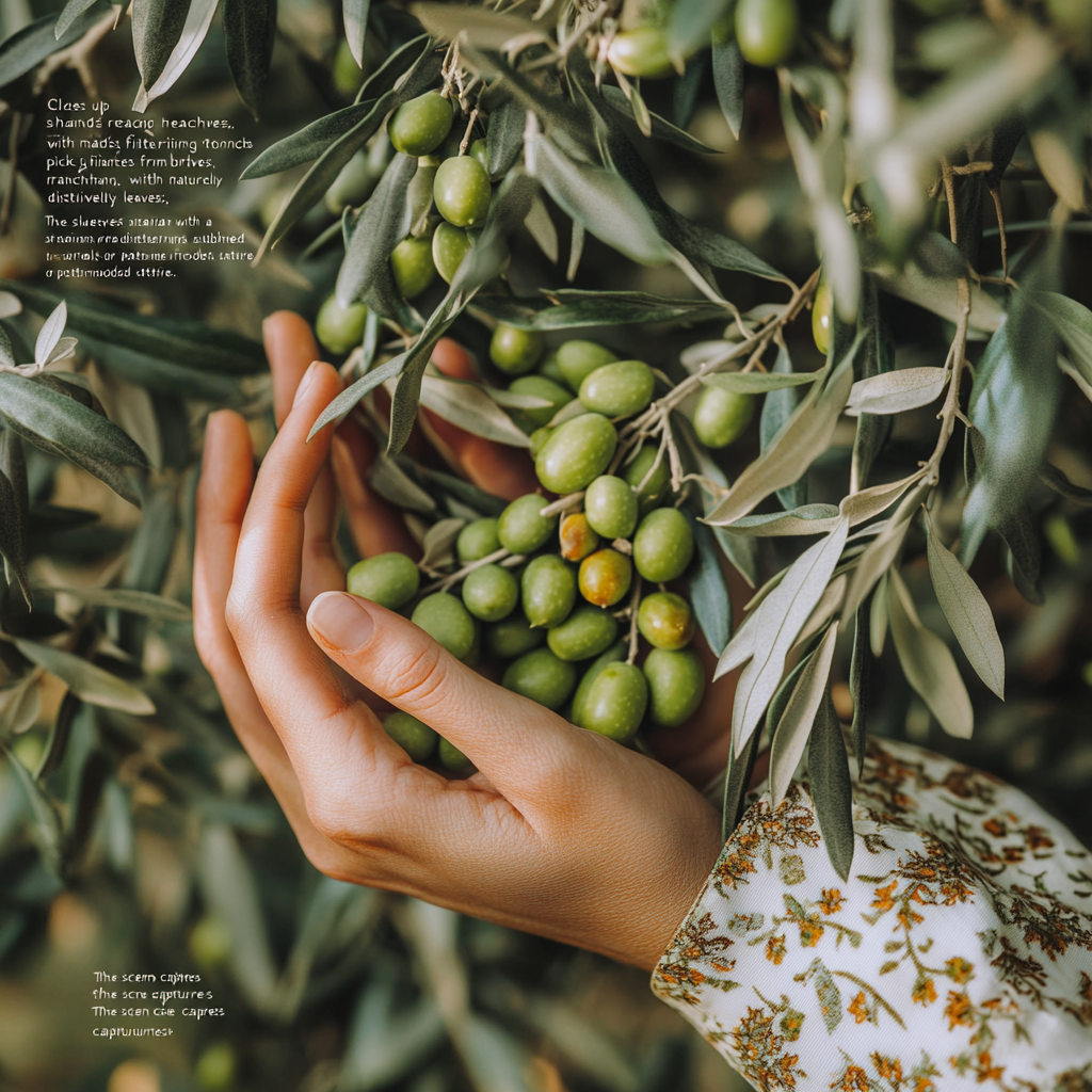 Hands picking green olives with Iranian sleeves