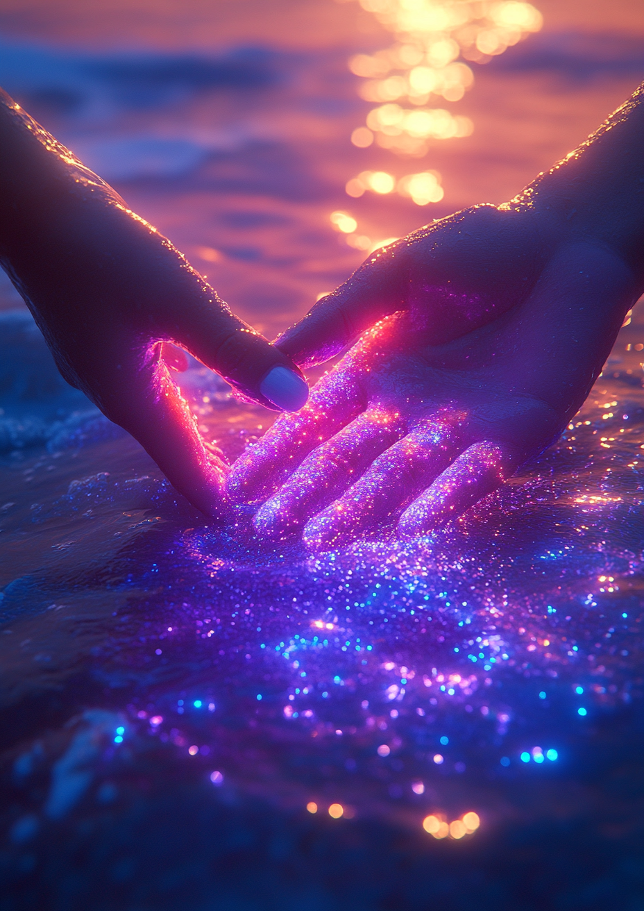 Hands reaching for each other on the beach.