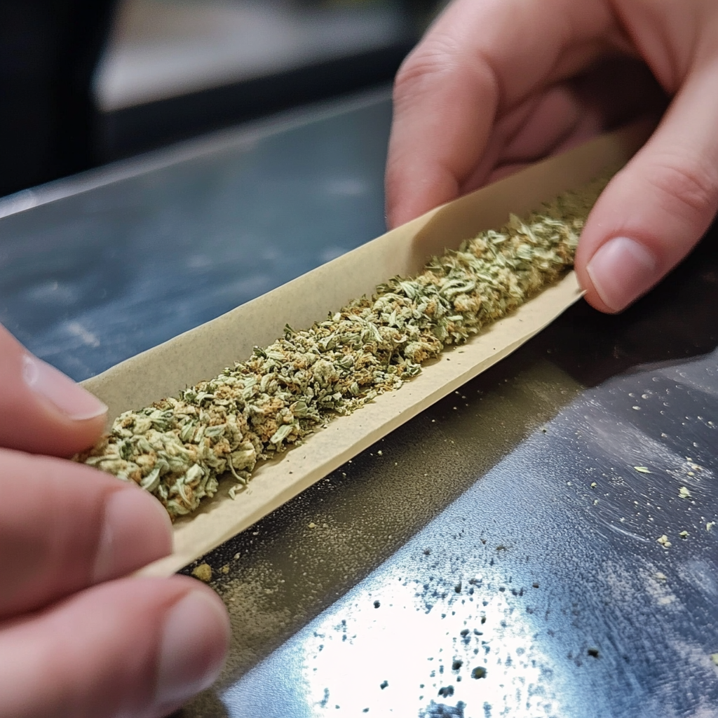 Hands rolling cannabis joint with precision and technique captured.