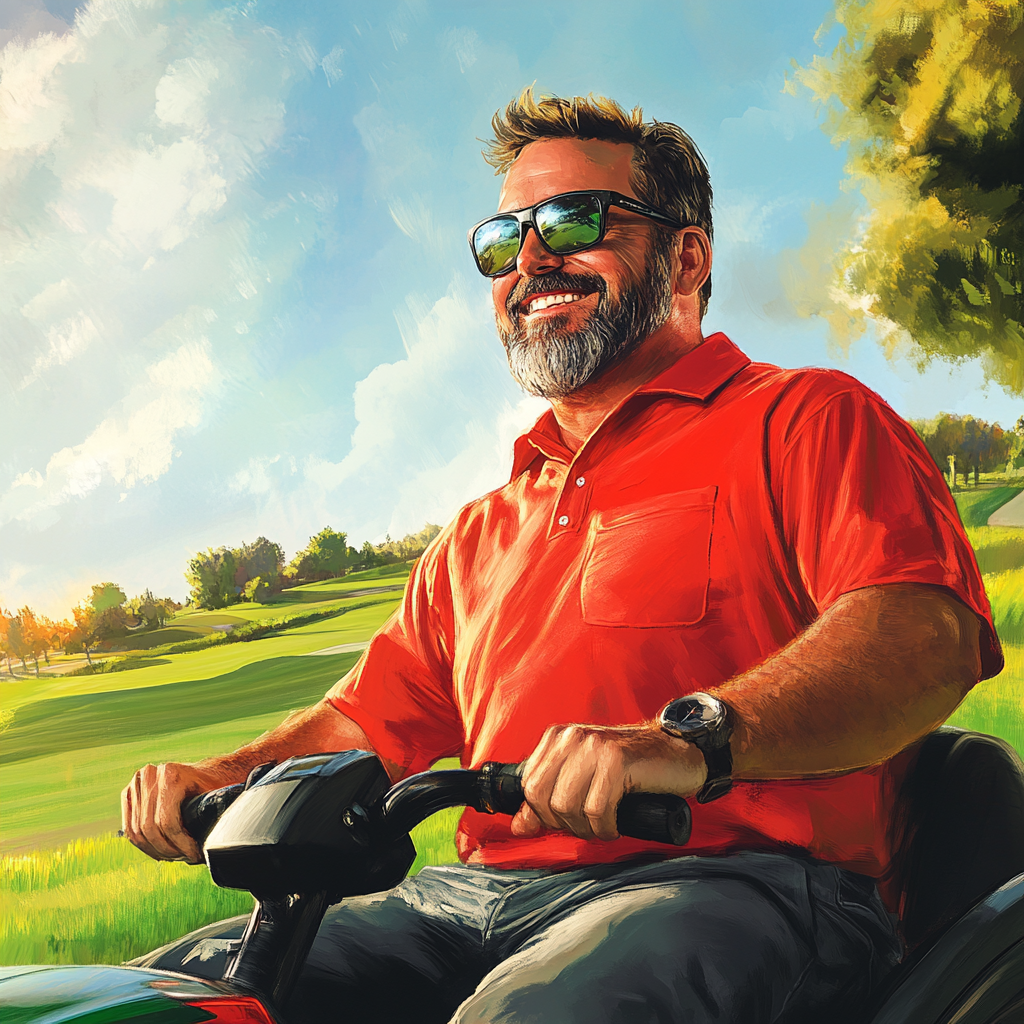 Handsome, smiling dad on mower with sunglasses, photorealistic.