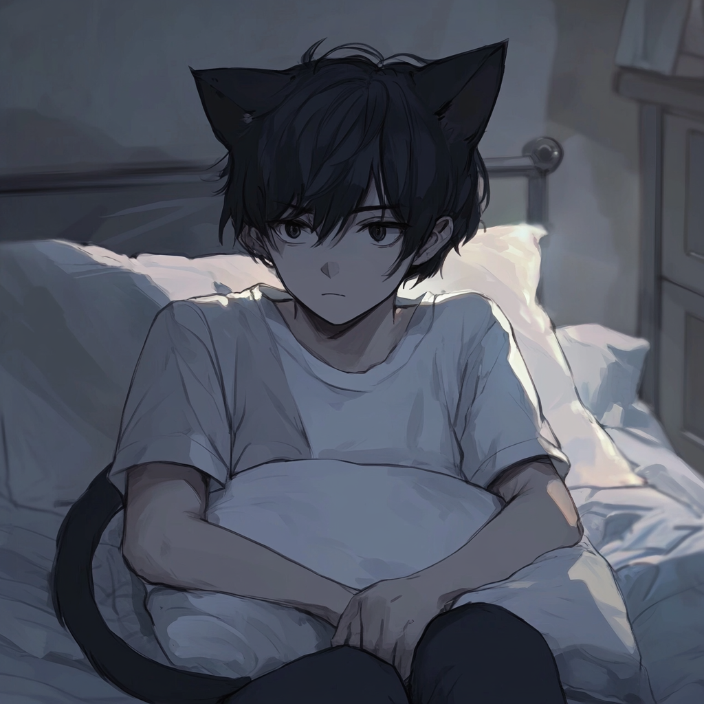 Handsome Catboy Hugging Pillow in Detailed Bedroom.