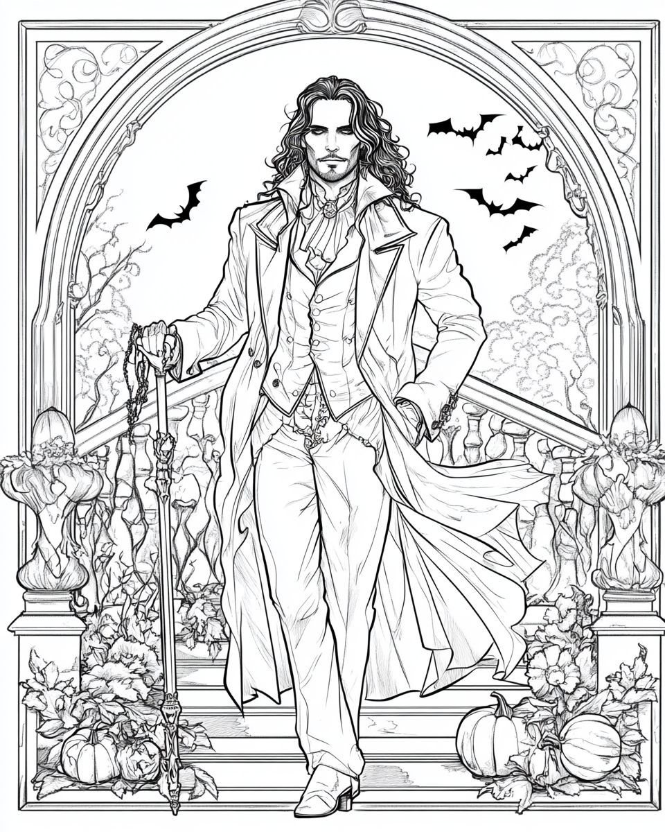 Handsome Dracula in Victorian attire on spooky mansion stairway.