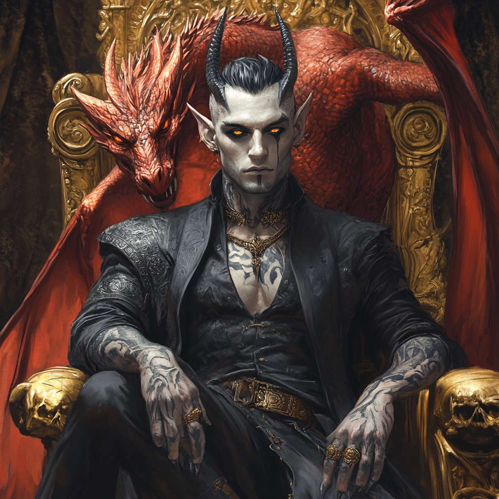 Handsome Graz'zt on gold throne with red dragon.