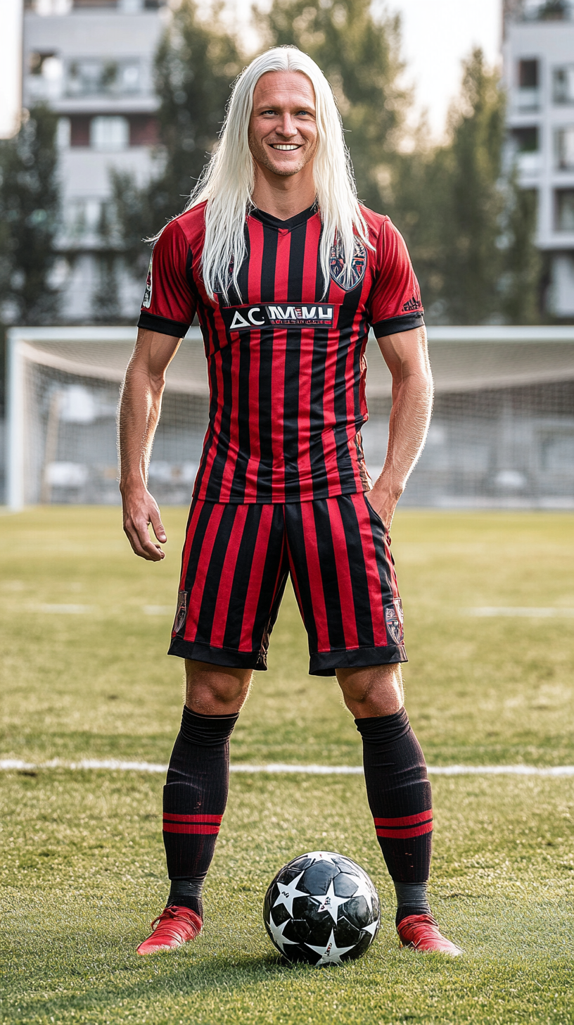 Handsome Italian guy in AC Milan uniform, smiling.