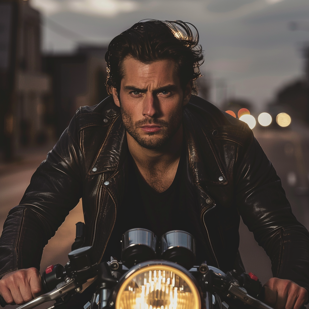 Handsome Man on Motorcycle in Cityscape