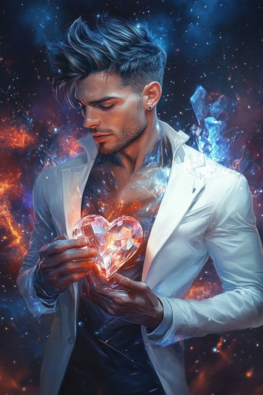 Handsome androgynous man with crystal heart in galaxy.