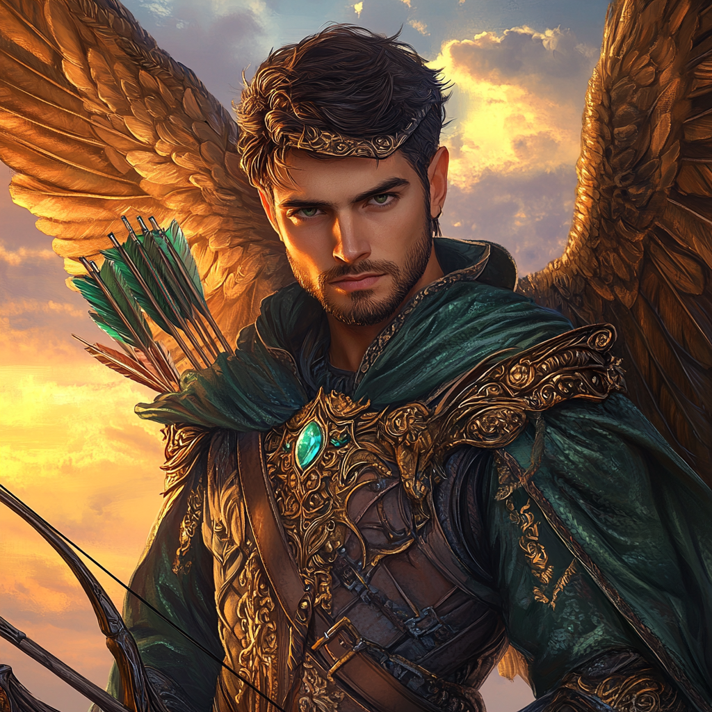 Handsome angel flying with bow in stunning sunset sky