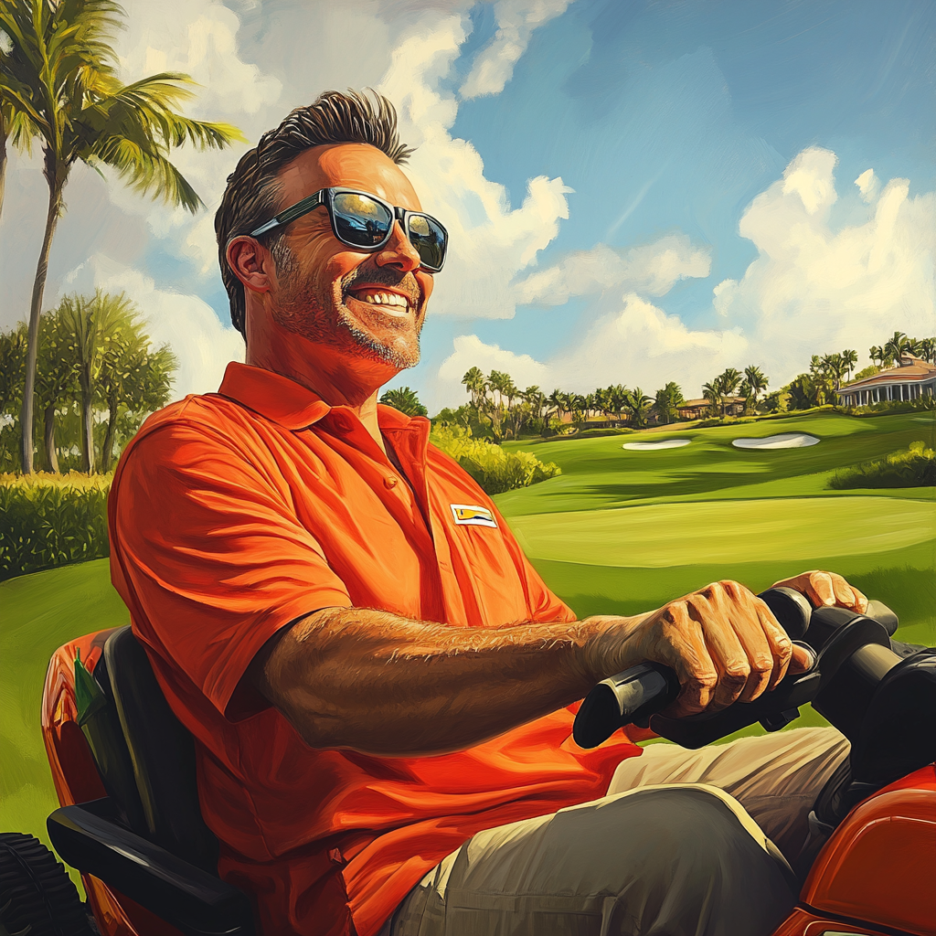 Handsome dad on lawn mower at golf course.