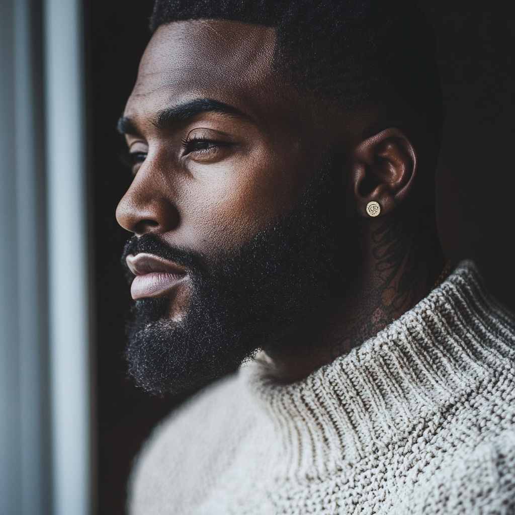 Handsome dark man with tattoos and Cuban chain necklace.