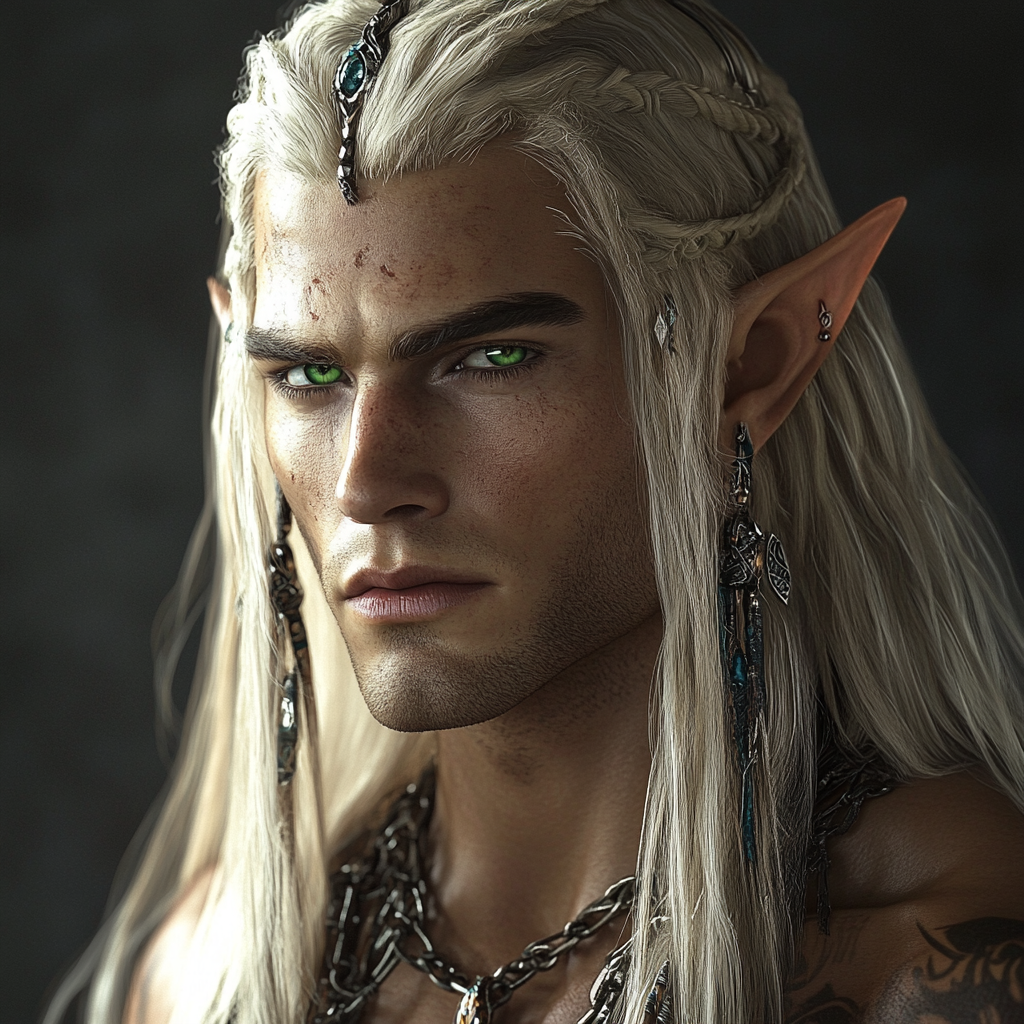 Handsome elven man with shocking green eyes and blondehair.