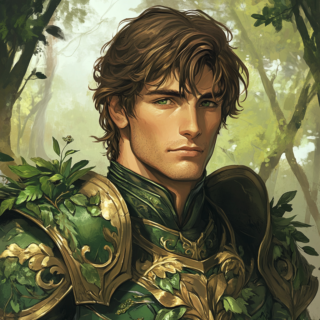 Handsome knight in forest wearing green and gold armor.