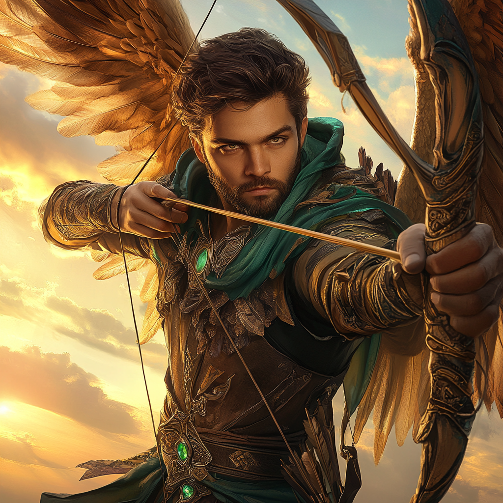 Handsome male Angel with beard, crown, and bow flying