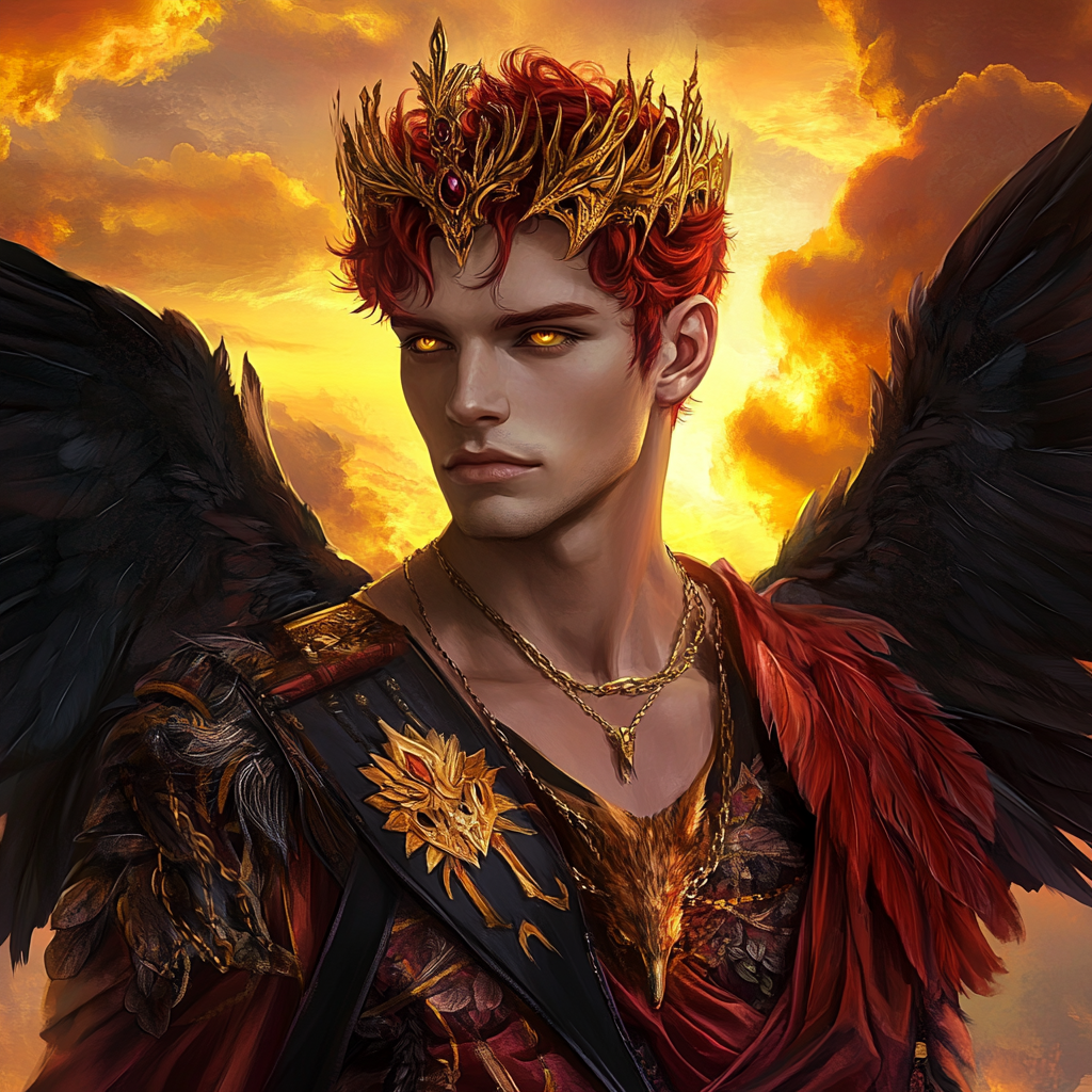 Handsome male Angel with short crimson red hair.