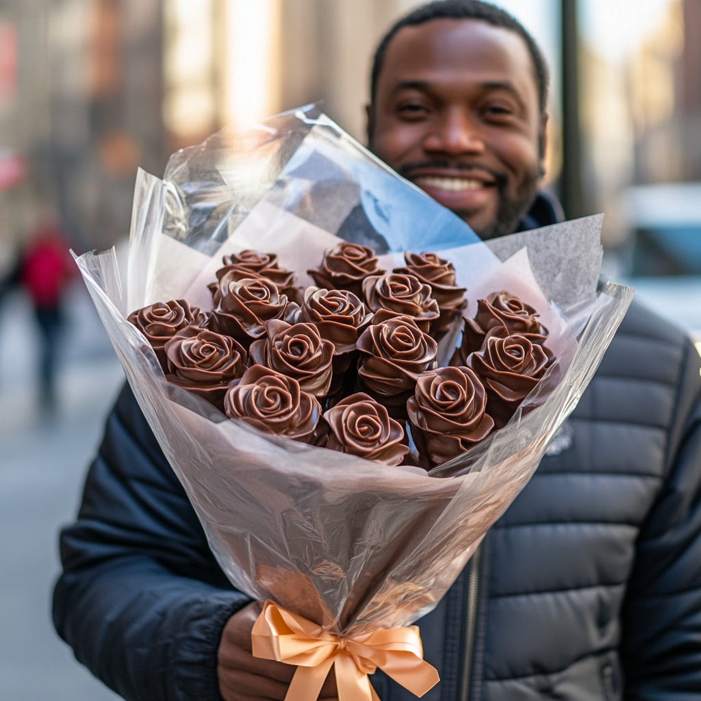 Handsome man gives chocolate rose bouquet to girlfriend joyfully.