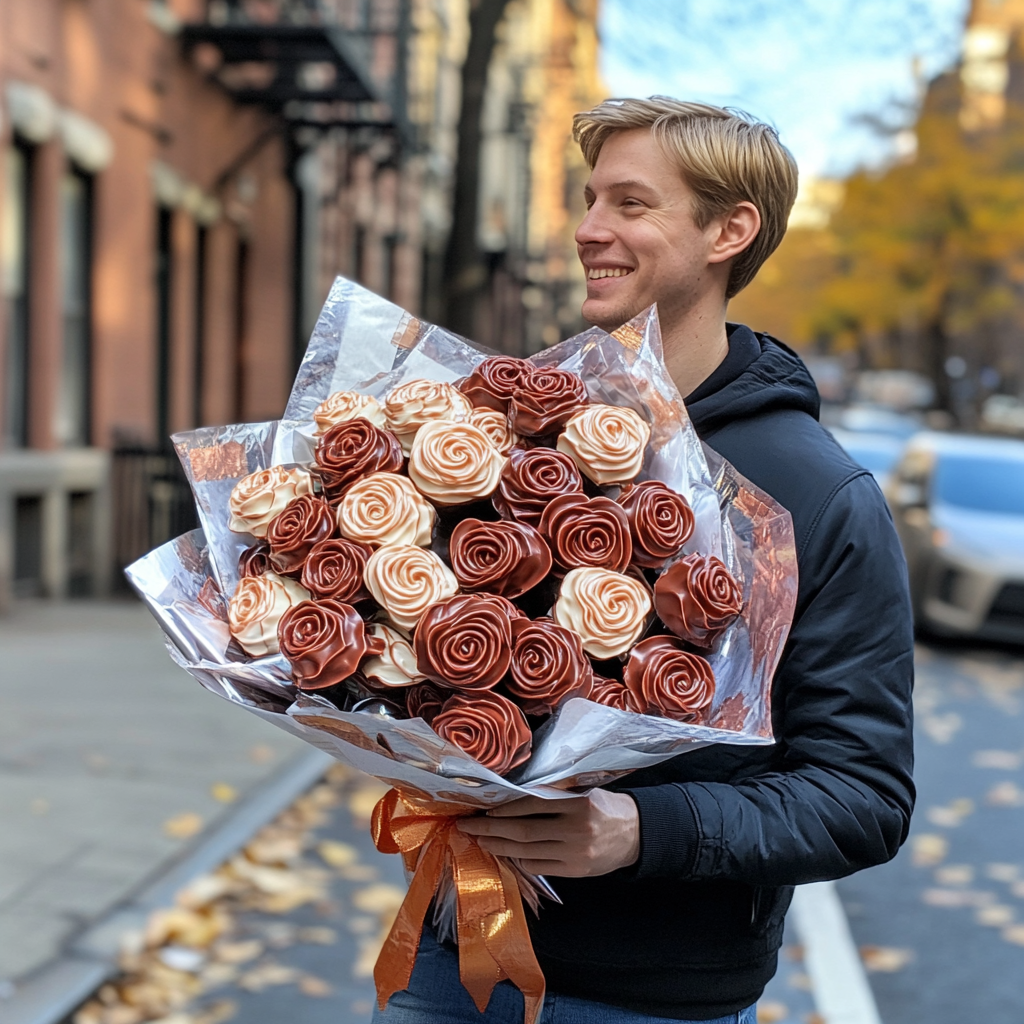 Handsome man giving bouquet of milk chocolate roses.