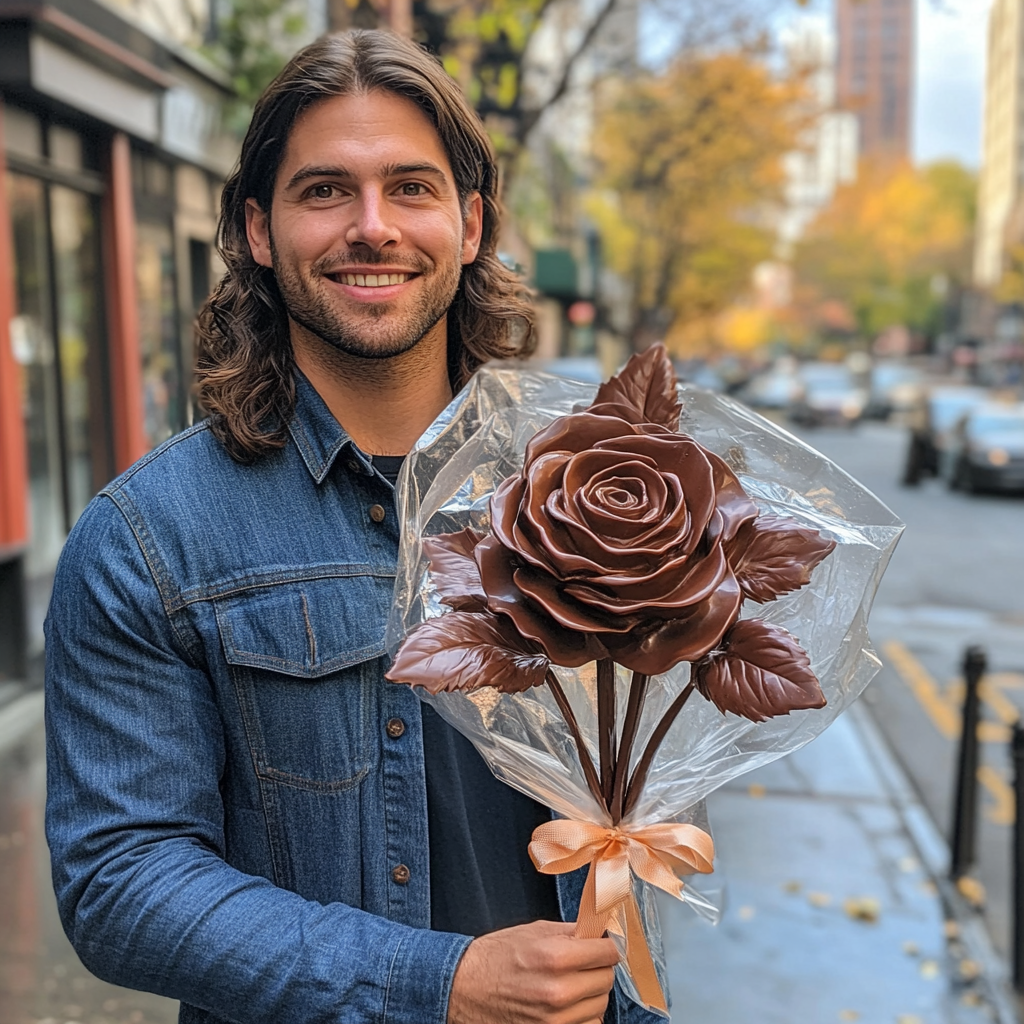 Handsome man giving chocolate bouquet to his girlfriend outdoors.