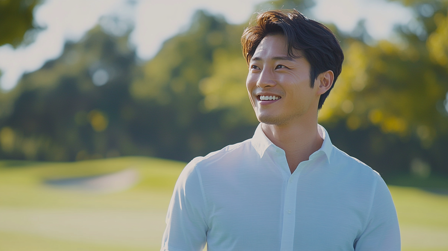 Handsome man in 30s walks on golf course.