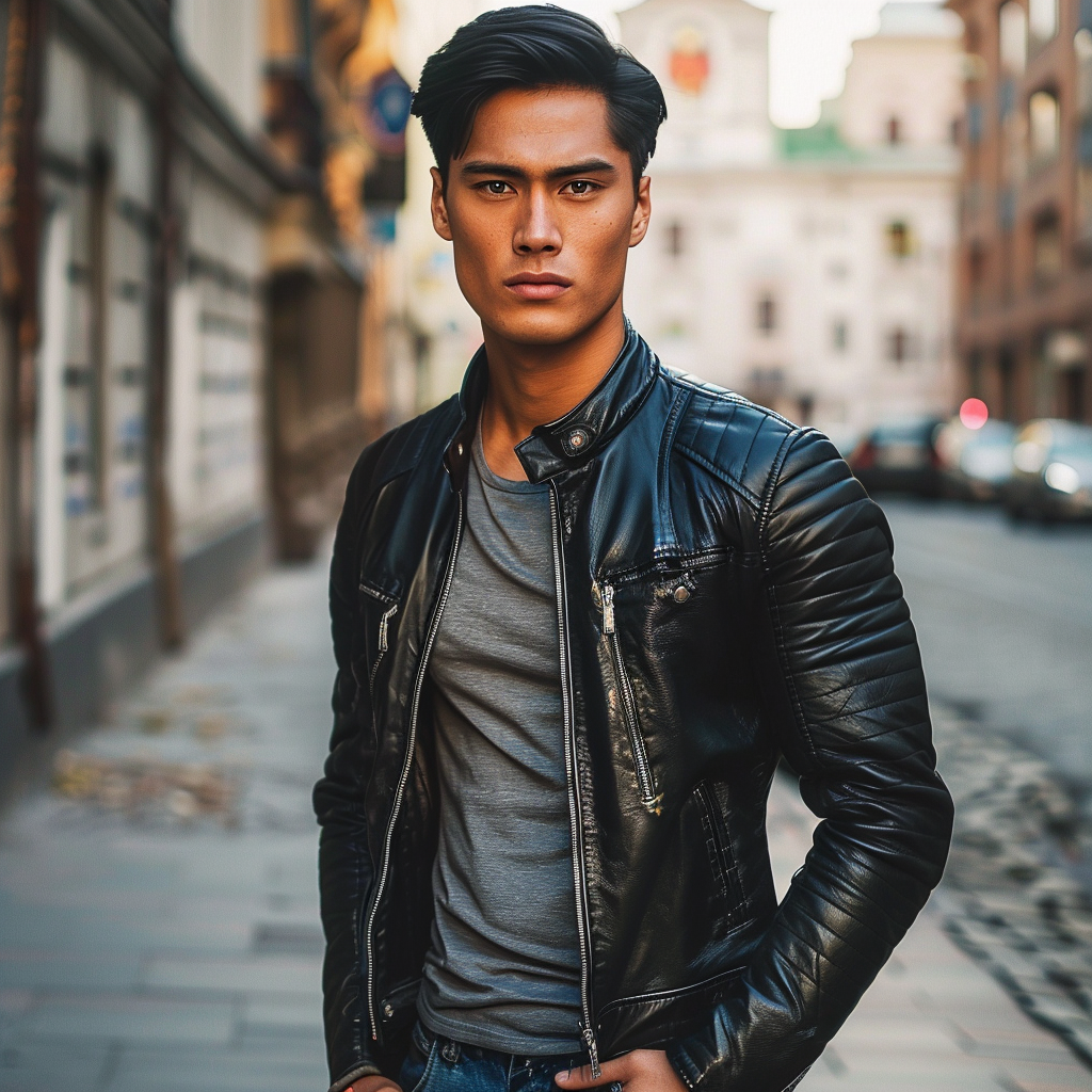 Handsome man in black, standing on street corner