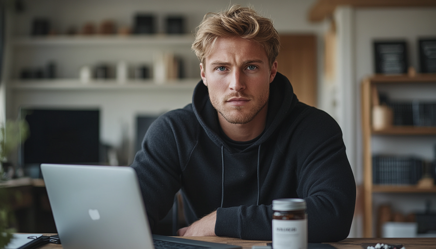 Handsome man in black hoodie at desk with MacBook