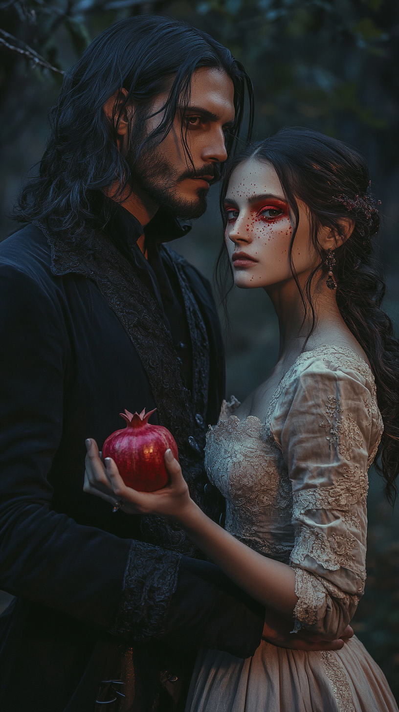 Handsome man in gothic clothes and beautiful woman outdoors.