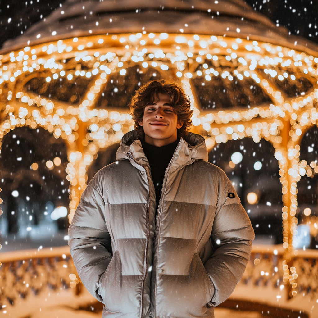 Handsome man in silver coat at snow gazebo.