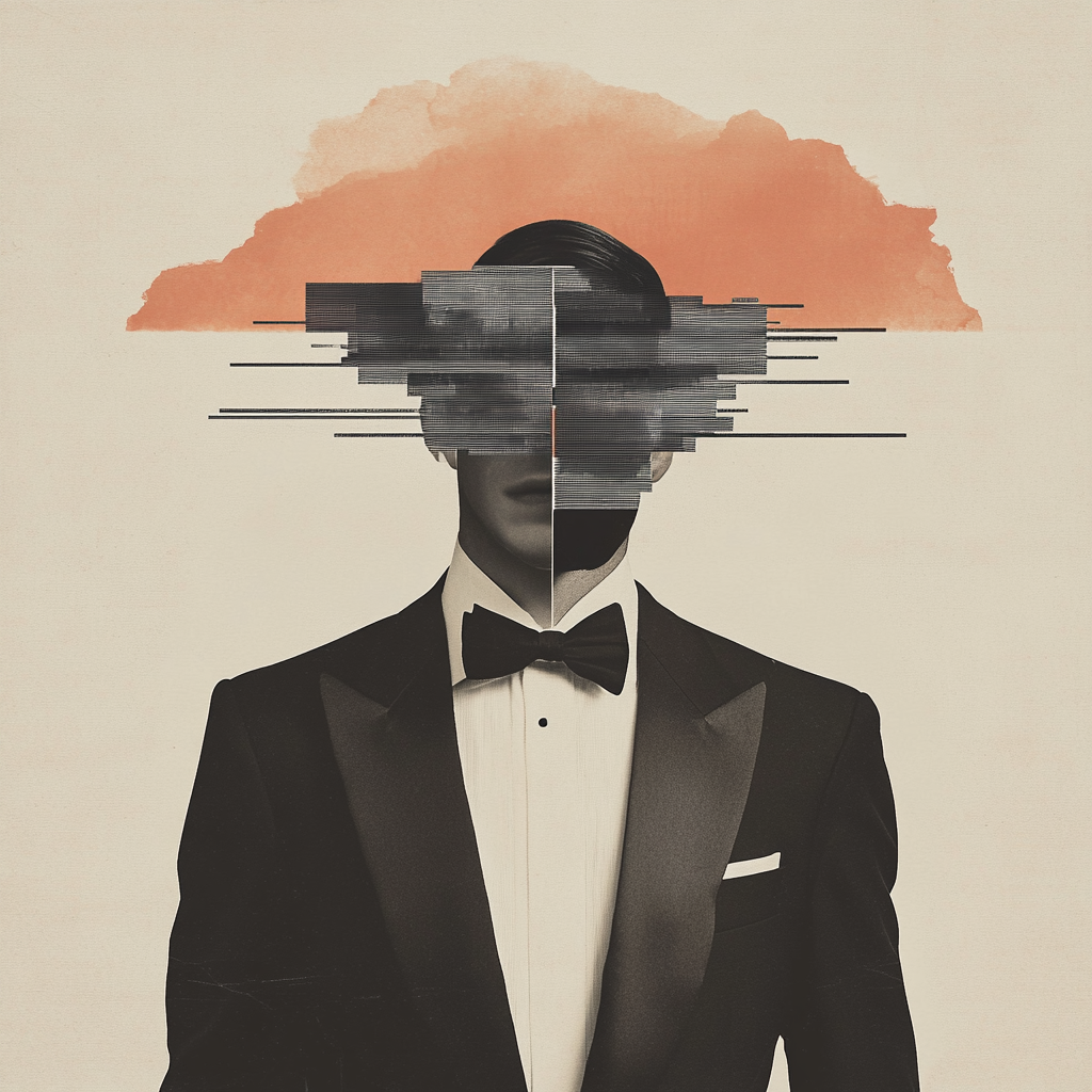 Handsome man in tuxedo, surreal collage, abstract pieces.