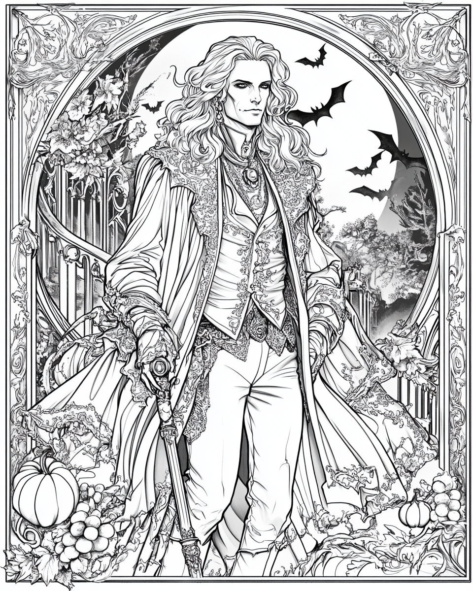 Handsome man in white Count Dracula costume, spooky mansion.