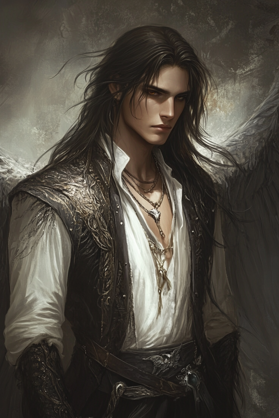 Handsome man in winged clothes, detailed, fantasy illustration.