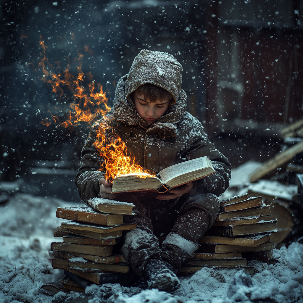 Handsome man warms by fire from burning books