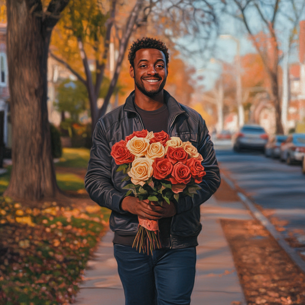 Handsome man with milk chocolate roses for girlfriend in Bronx.