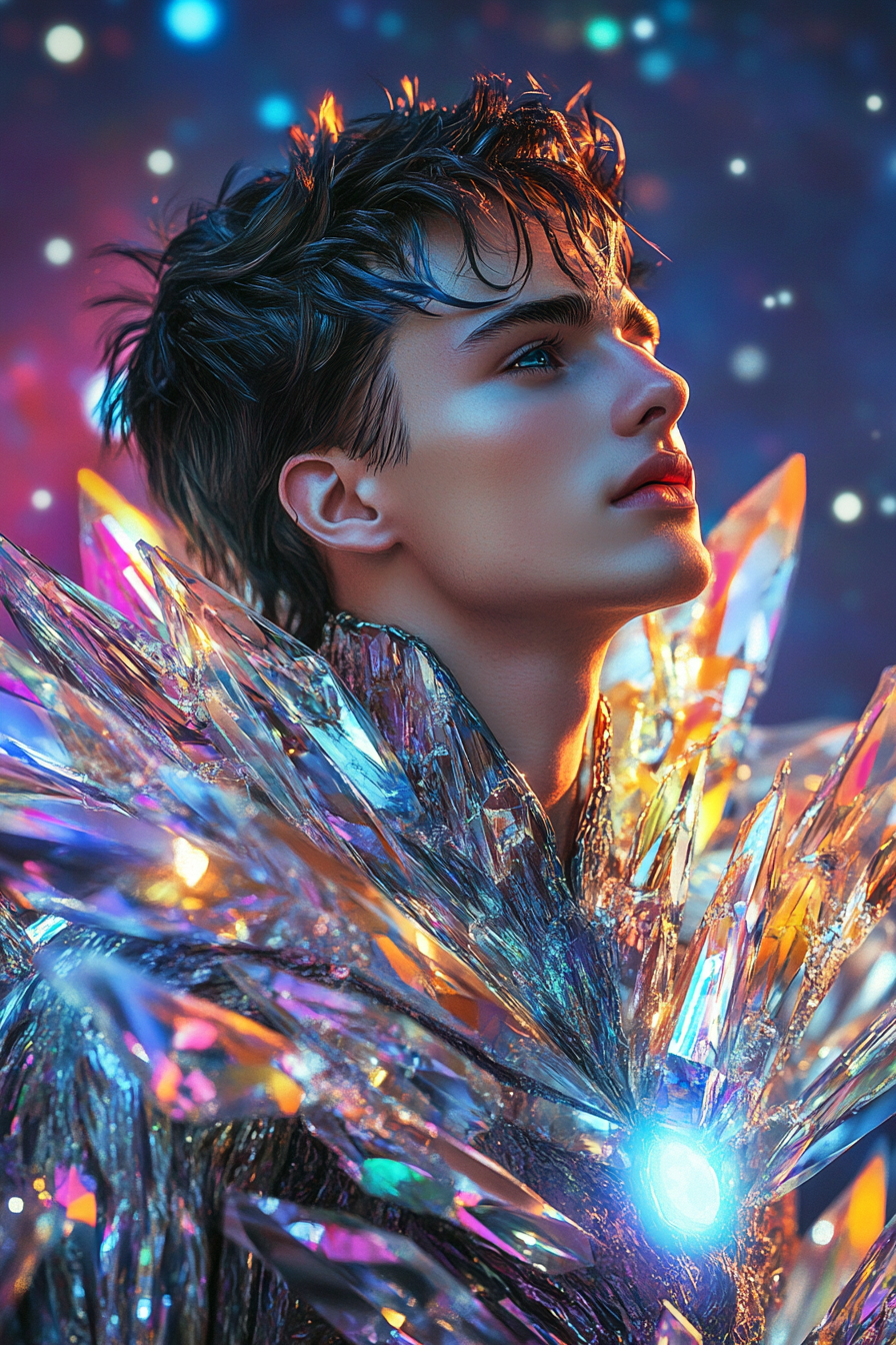 Handsome young man in crystal clothing, galaxy background.