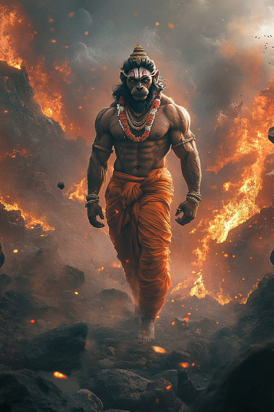 Hanuman struts confidently, surrounded by fiery mountains.