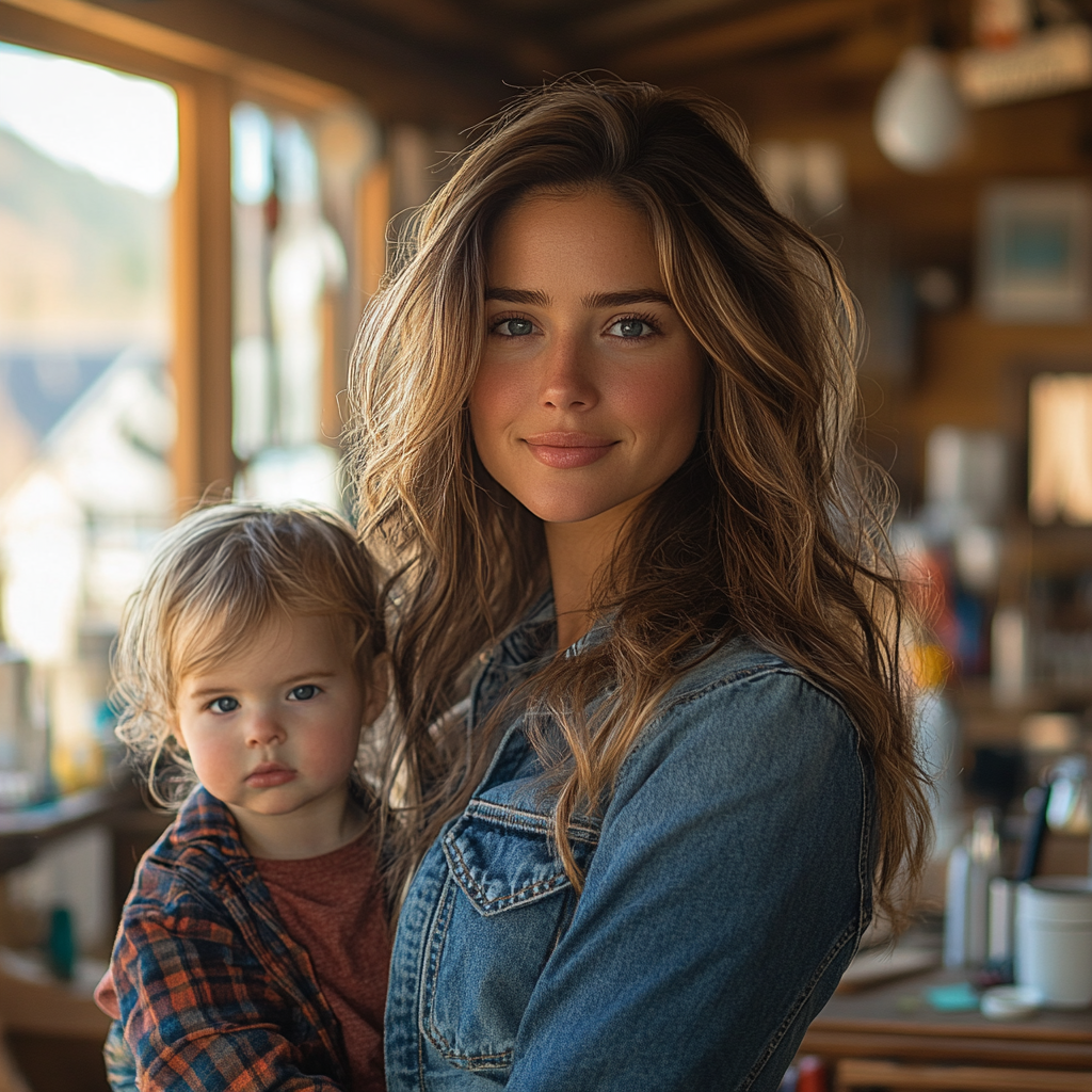 Happy 26-year-old woman in hair salon with child, scissors, tea, town, Canon EOS R camera, 50mm f/1.8 lens, f/2.2 aperture, shutter speed 1/200s, ISO 100.