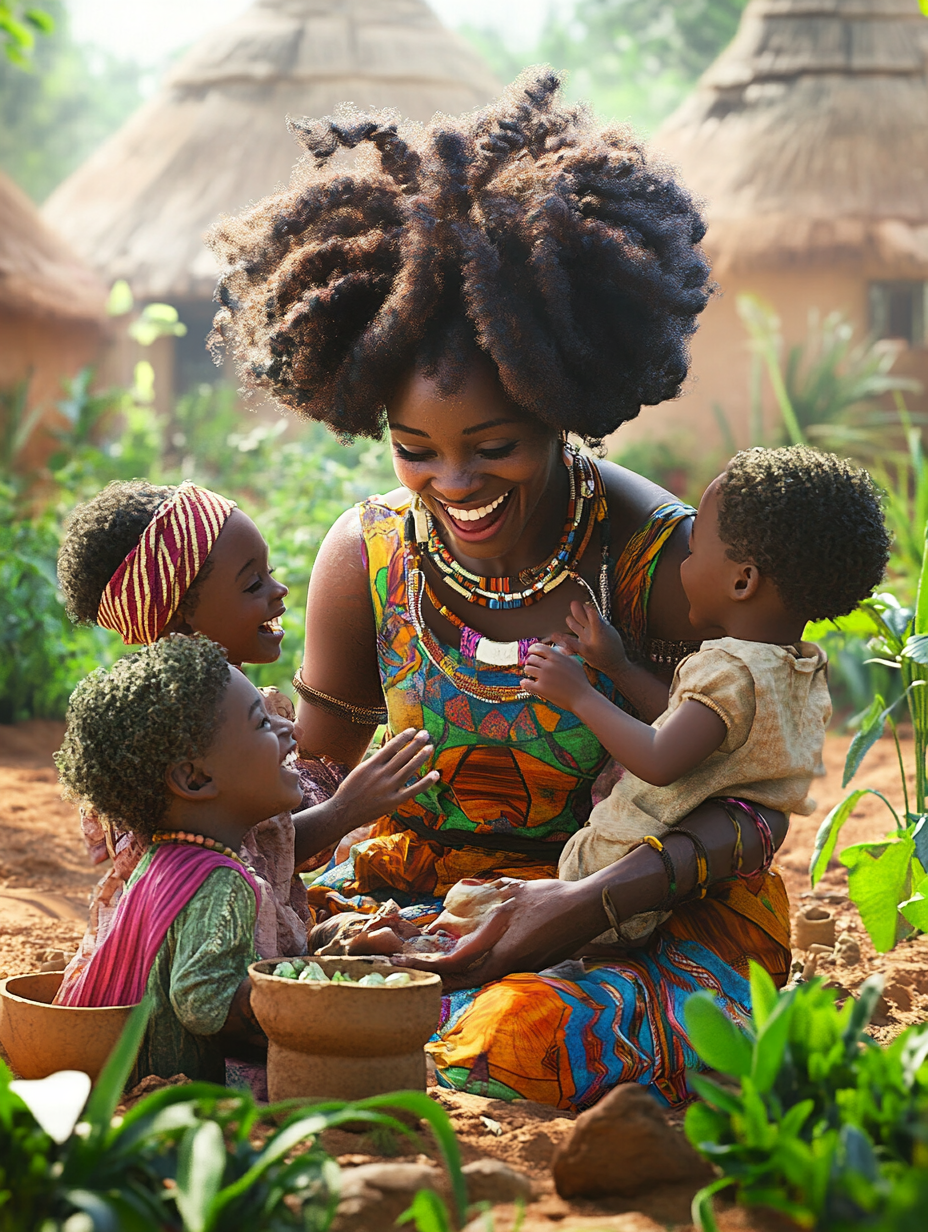 Happy African woman with big hair playing with children.