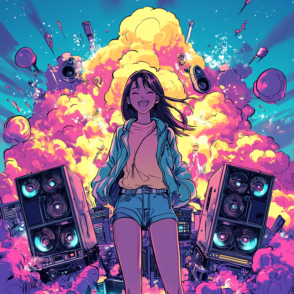 Happy Asian girl in detailed EDM album cover