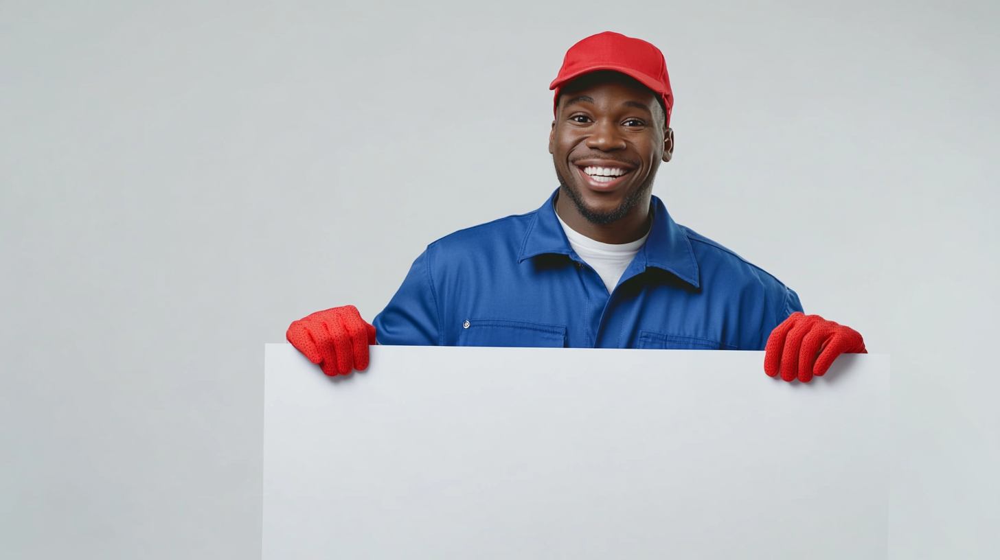 Happy Black mechanic with white banner, modern photography style.