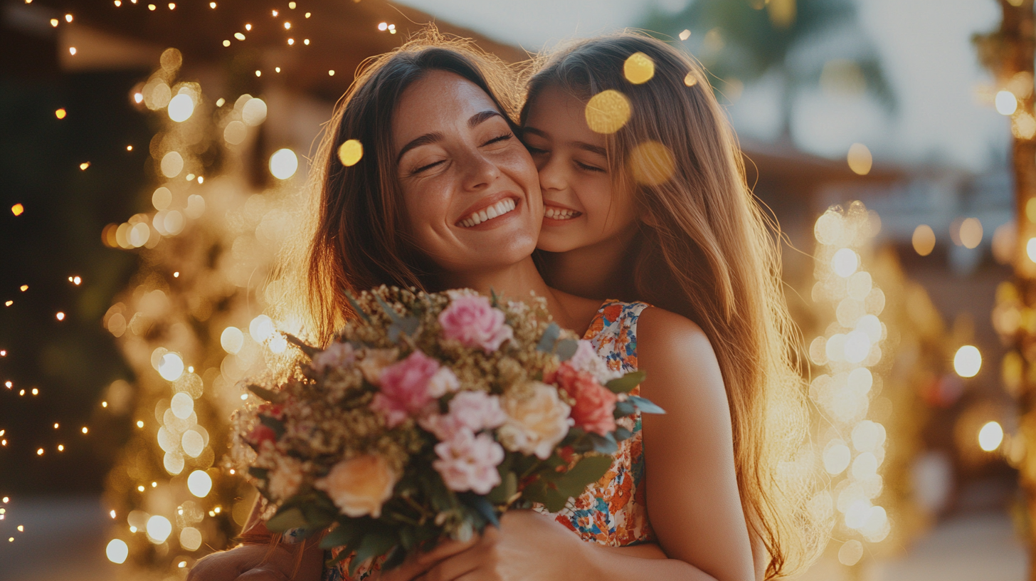 Happy Brazilian mother and daughter embrace with flowers