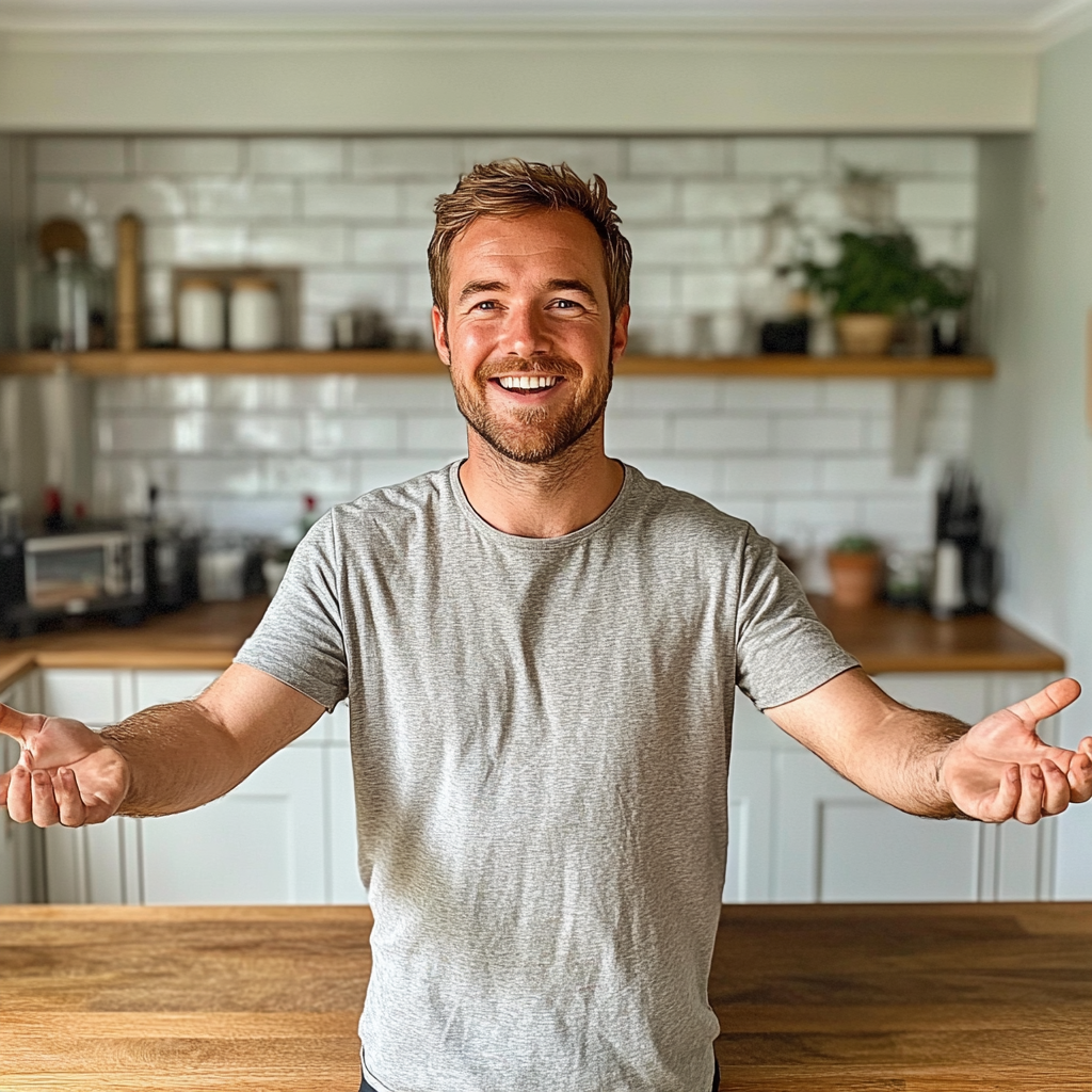 Happy British man in renovated kitchen, opening arms, natural.