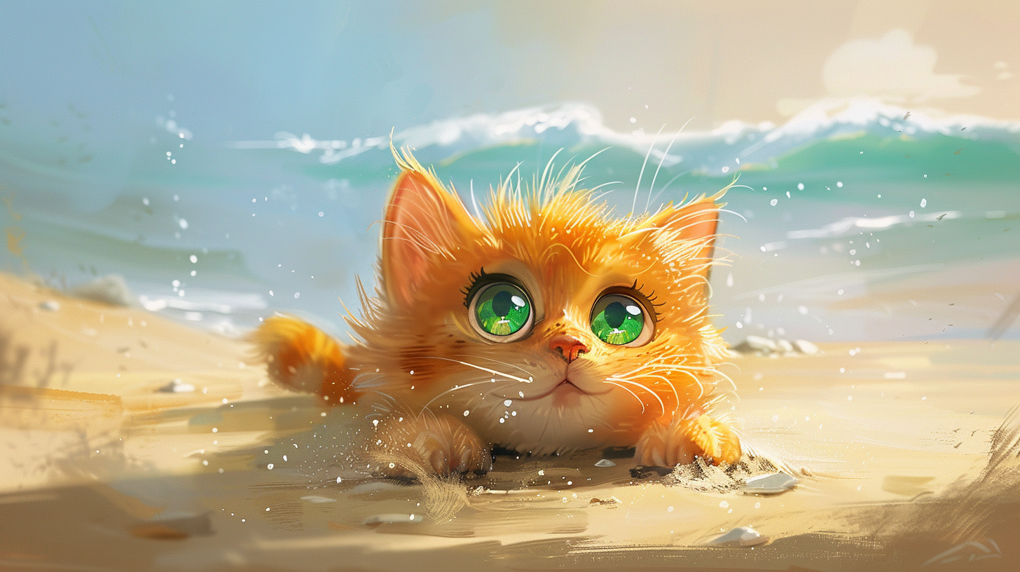 Happy Cat with Big Green Eyes on Beach